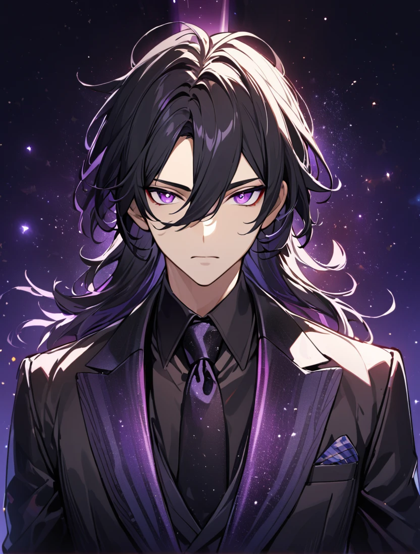 (black_hair), (long_male_hair), (deep_purple_eyes), (high_detailed_eyes), (attractive), (emotionless), (Deep_space_background), (male), (wearing _a_black_suit), (long_male_hair), (detailed_Hair), (detailed), (detailed_mouth), (close_up), (vertical_slit_pupils), (standing with a long sword)