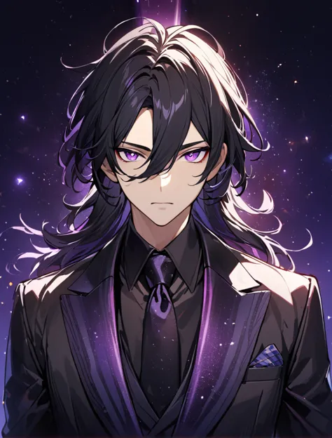 (black_hair), (long_male_hair), (deep_purple_eyes), (high_detailed_eyes), (attractive), (emotionless), (deep_space_background), ...