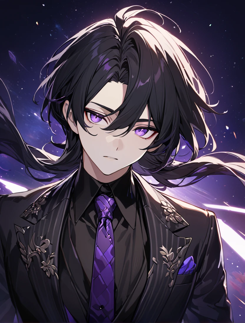 (black_hair), (long_male_hair), (deep_purple_eyes), (high_detailed_eyes), (attractive), (emotionless), (Deep_space_background), (male), (wearing _a_black_suit), (long_male_hair), (detailed_Hair), (detailed), (detailed_mouth), (close_up), (vertical_slit_pupils), (standing with a long sword)