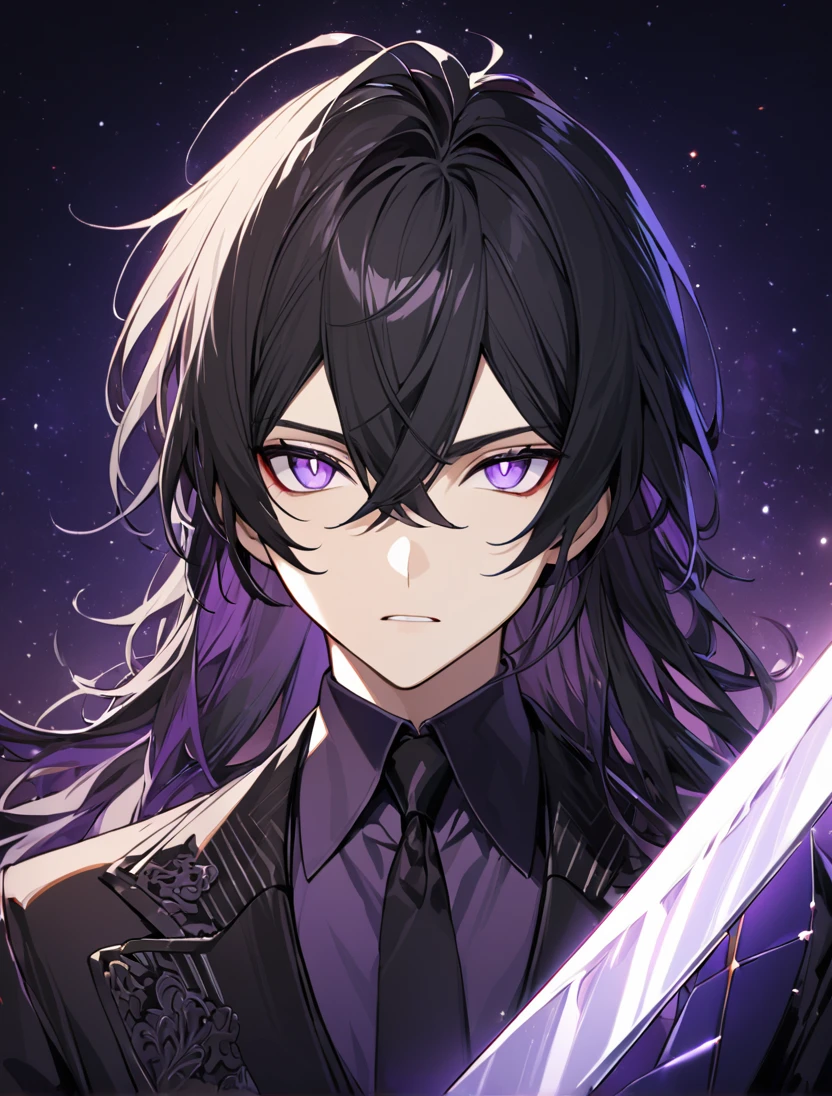 (black_hair), (long_male_hair), (deep_purple_eyes), (high_detailed_eyes), (attractive), (emotionless), (Deep_space_background), (male), (wearing _a_black_suit), (long_male_hair), (detailed_Hair), (detailed), (detailed_mouth), (close_up), (vertical_slit_pupils), (standing with a long sword)