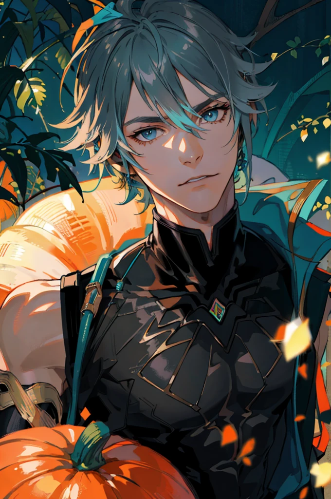 (absurdres, highres, ultra detailed), 1 male, mature, handsome, tall muscular guy, broad shoulders, blue hair, dark teal eyes, alhaitham genshin impact, black sleeveless top, separate black sleeves, dark pants, long fingerless gloves, finely detailed eyes and detailed face, extremely detailed CG unity 8k wallpaper, intricate details, portrait, solo, half shot, detailed background, pumpkins, halloween, night time