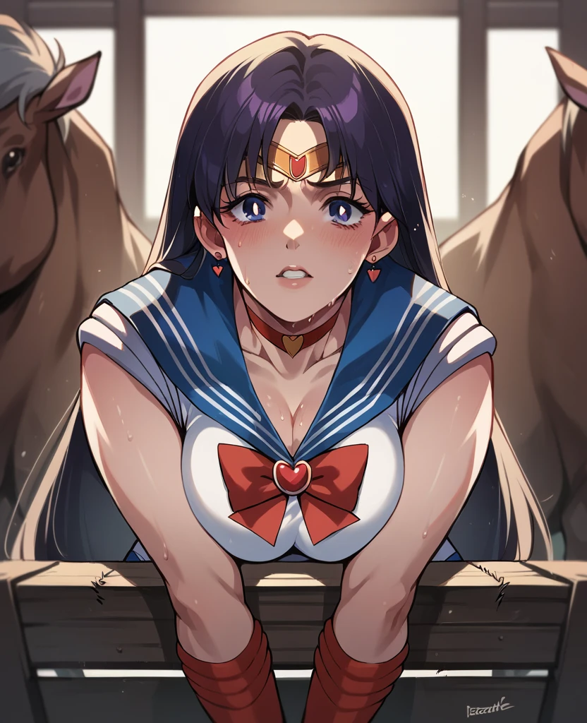 rei hino/sailor mars from sailor moon wearing a micro short full of sweat working on a farm looking at the viewer in first person