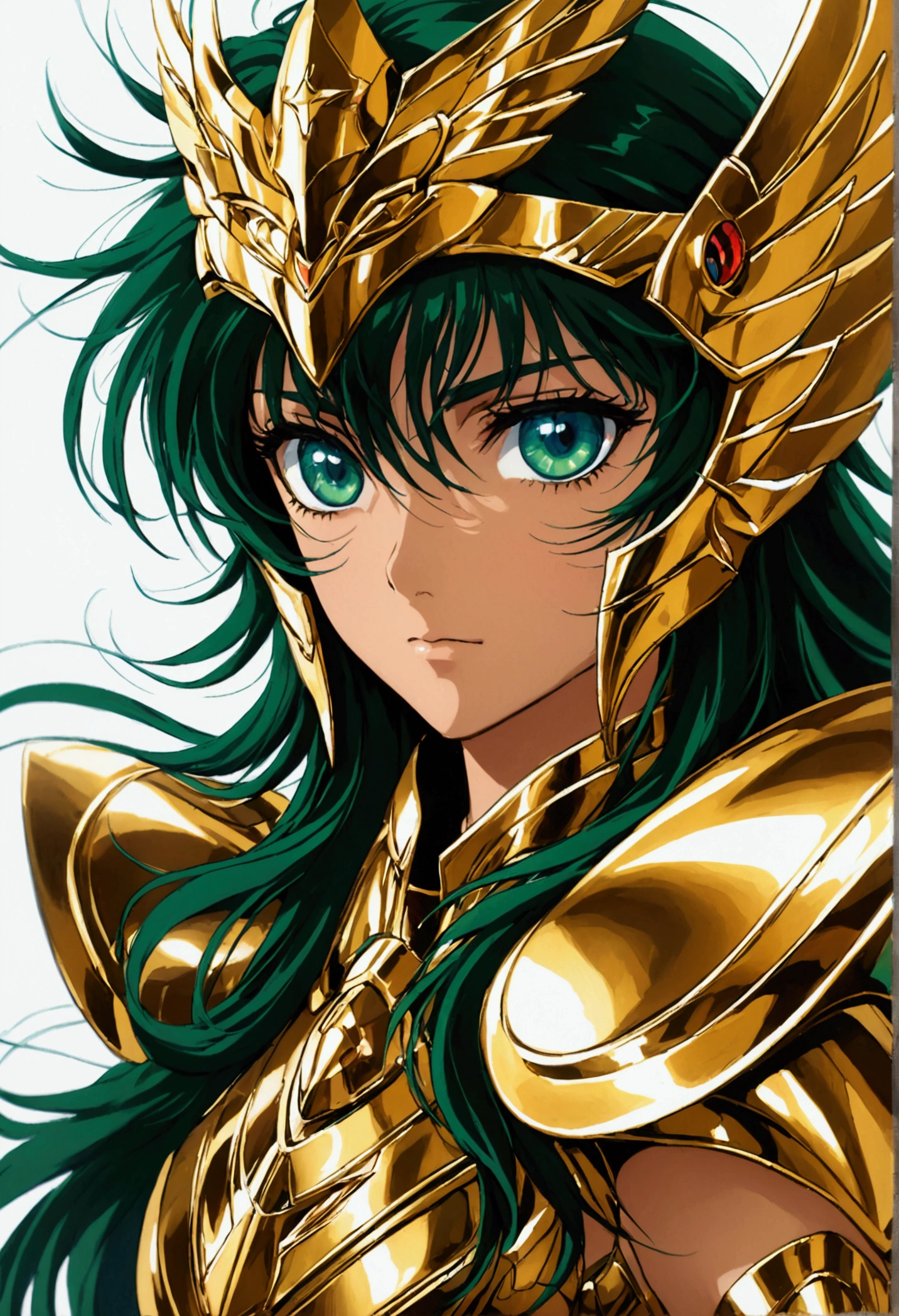 (high-quality, breathtaking),(expressive eyes, perfect face) portrait, Symmetrical Eyes, 1girl, solo, dark black green hair, blue eyes, feminine face, neutral expression, soft smile, anime character, Sasha Saint Seiya Lost Canvas, armor, gold armor, Athena armor, Saint Seiya Armor, Athena Saint Seiya