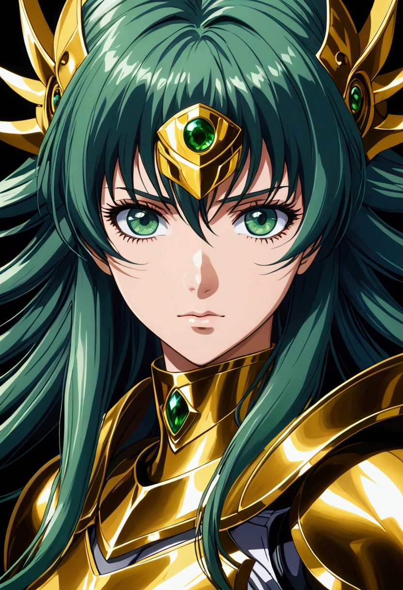 (high-quality, breathtaking),(expressive eyes, perfect face) portrait, Symmetrical Eyes, 1girl, solo, dark black green hair, blue eyes, feminine face, neutral expression, soft smile, anime character, Sasha Saint Seiya Lost Canvas, armor, gold armor, Athena armor, Saint Seiya Armor, Athena Saint Seiya