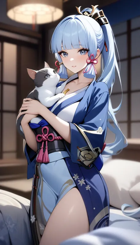 masterpiece, best quality, very aesthetic, absurdres, 1girl, mature_lady, hold a cat,1cat,,kamisato ayaka,kamisato ayaka(genshin...