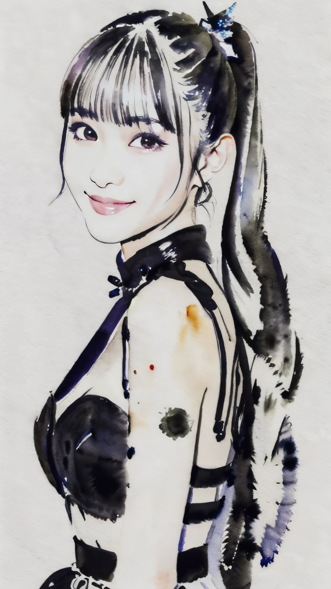 (masterpiece:1.2),(Highest quality),(Very detailed),(High resolution),8K,wallpaper,((Watercolor)),Photo of a woman in a black dress by Babymetal,((moakiku:1.3)),Full body portrait,Very beautiful face,(Detailed skin texture:1.3),(Beautiful portrait:1.2),A lovely and delicate face,Beautiful young Japanese woman,front,(Flashy makeup),(smile)