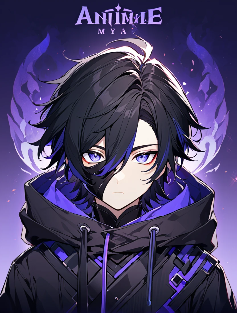 A stunning animie male with Black hair. His eyes are practically covered with his hair. His eyes are two diffrent colors, one blue, one purple. He has a black hoodie on and a black mask.