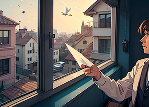 Un hombre lanzando un avión de papel a su vecina desde su ventana a la de ella. 