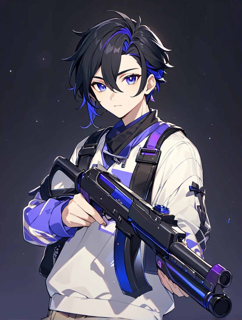 A stunning animie male with Black hair. His eyes are practically covered with his hair. His eyes are two diffrent colors, one blue, one purple. He has casual clothes on with a gun