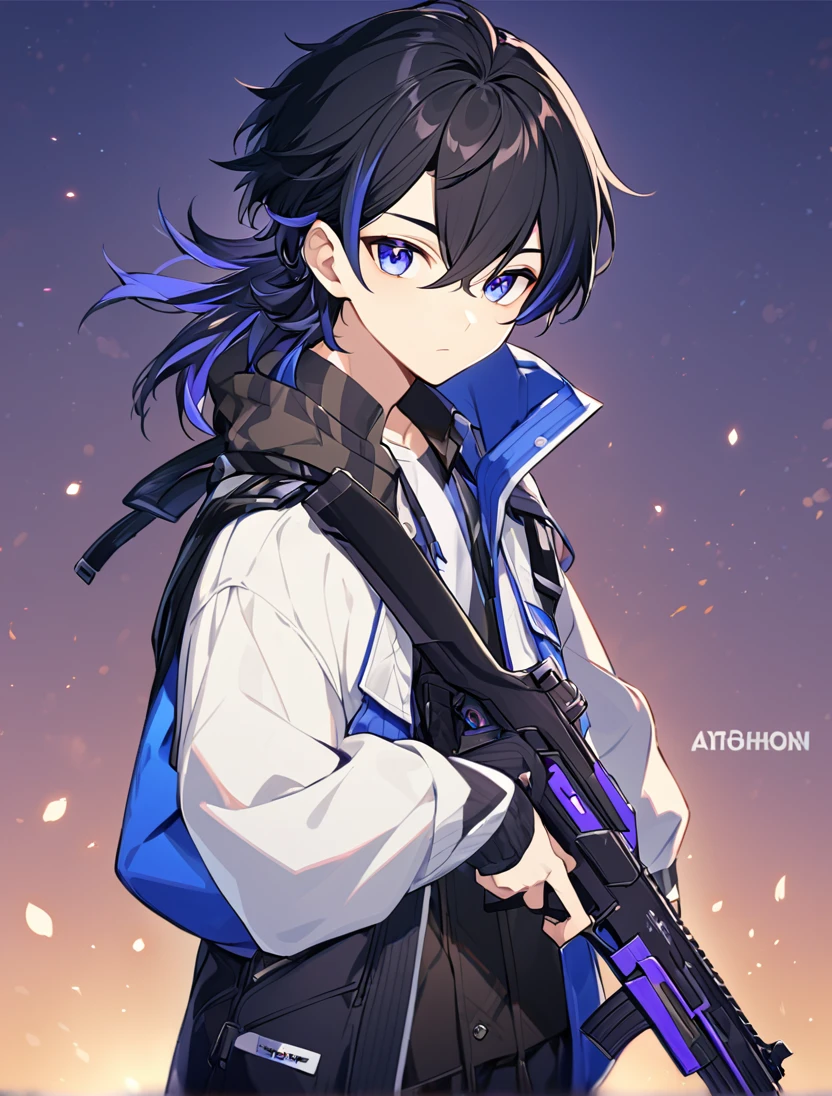 A stunning animie male with Black hair. His eyes are practically covered with his hair. His eyes are two diffrent colors, one blue, one purple. He has casual clothes on with a gun