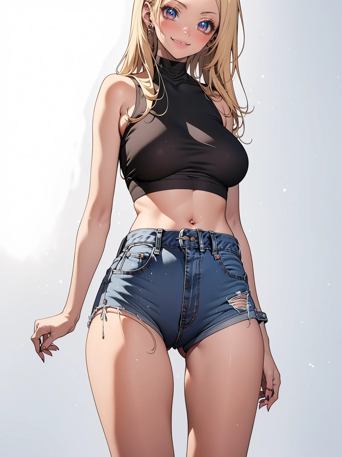 アニメ,  アニメ, 2d, 16 yrs old, 16 yrs old, ((black belt)), (((whole body))), very kawaii, ssmile, labia lips, seductive ssmile, standing alone, Scrawny, breasts big, Plain White T-Shirt, very tight shorts, shorts, Shorts jeans, dynamic angle, no back ground, White background, gazing at viewer, darker shadows, (((absurderes))), (((tight slit))), (((camel toe))), (((sleeveless))), 