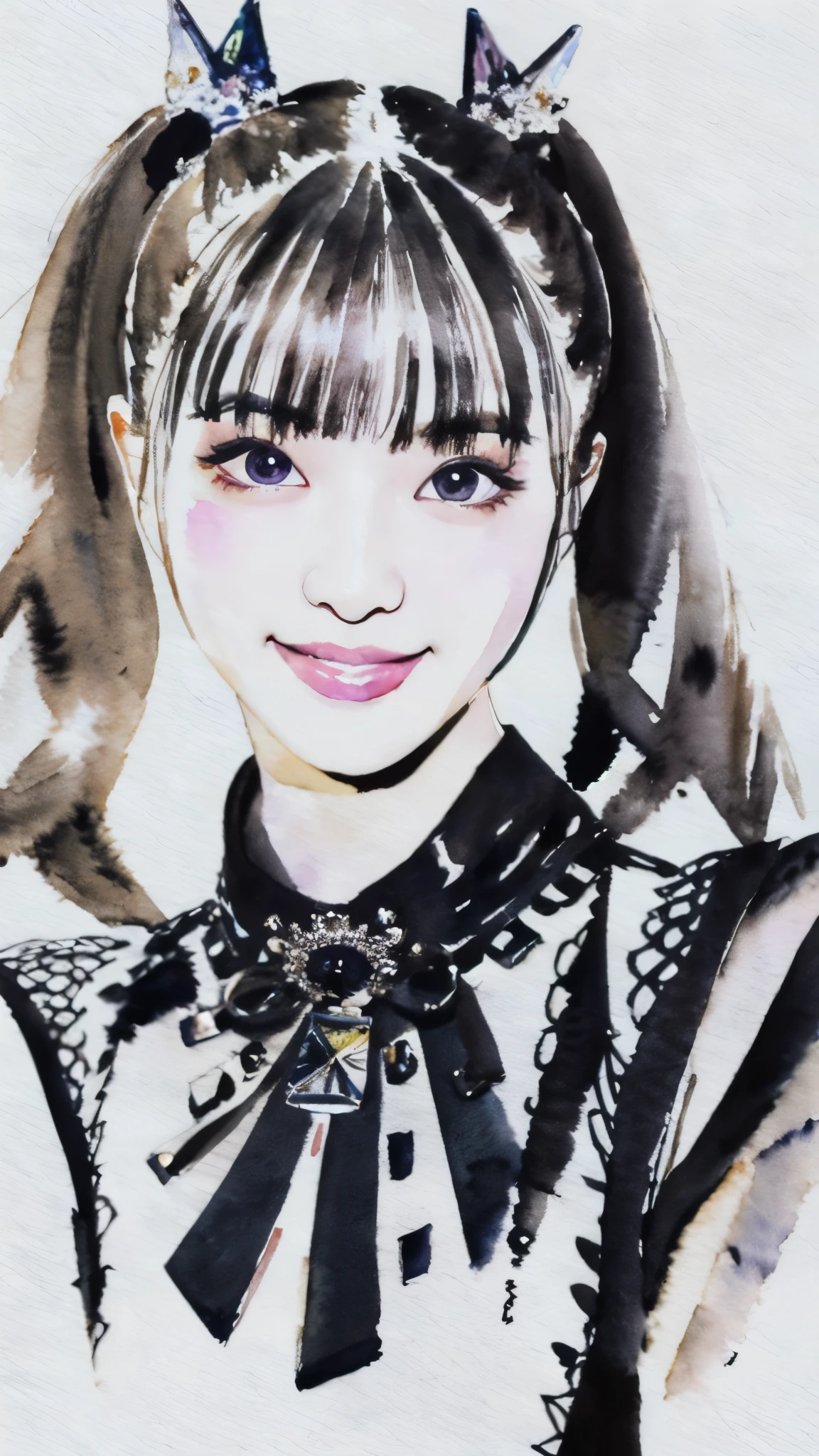 (masterpiece:1.2),(Highest quality),(Very detailed),(High resolution),8K,wallpaper,((Watercolor)),Photo of a woman in a black dress by Babymetal,((moakiku:1.3)),Full body portrait,Very beautiful face,(Detailed skin texture:1.3),(Beautiful portrait:1.2),A lovely and delicate face,Beautiful young Japanese woman,front,(Flashy makeup),(smile)