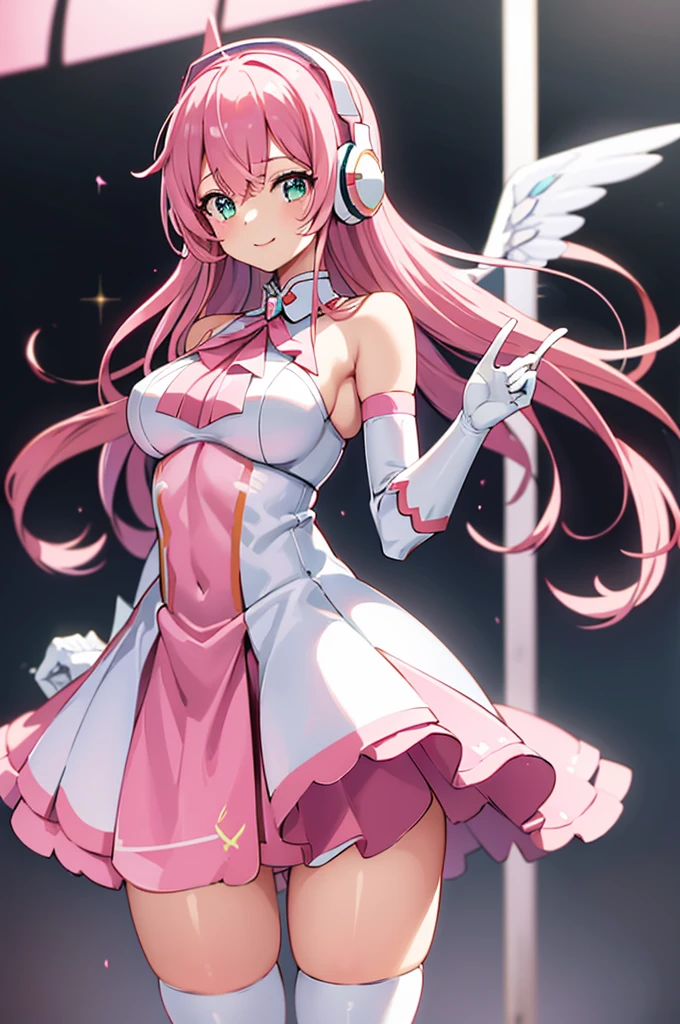 Mecha Wings、pink and white skirt、Accentuated thighs、White tights、chest、Beautiful pink hair、1 girl、solo girl、Thick thighs、is、Frame Arms Girl、Alice Gere Aegis、armor、income、headphone、hand on own chest、smile、idol costume