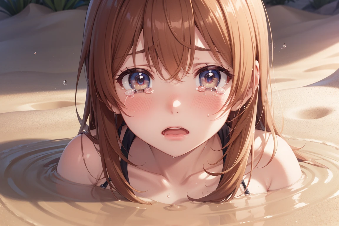 Meisterwerk, beste Qualität, highres, 5Mädchen, (mehrere Mädchen), Detailliertes Gesicht, erröten, Anime-CG-Stil, gute Beleuchtung, Wüste, Sand, (quickSand, teilweise untergetaucht), (verärgern, Tränen in ihren Augen), Kinomoto Sakura, aichan, 