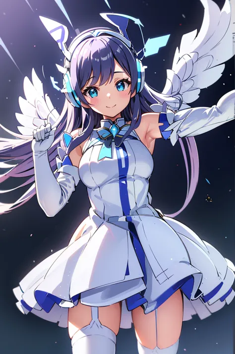 mecha wings、white and blue skirt、accentuated thighs、white tights、chest、beautiful black hair、1 girl、solo girl、thick thighs、is、fra...