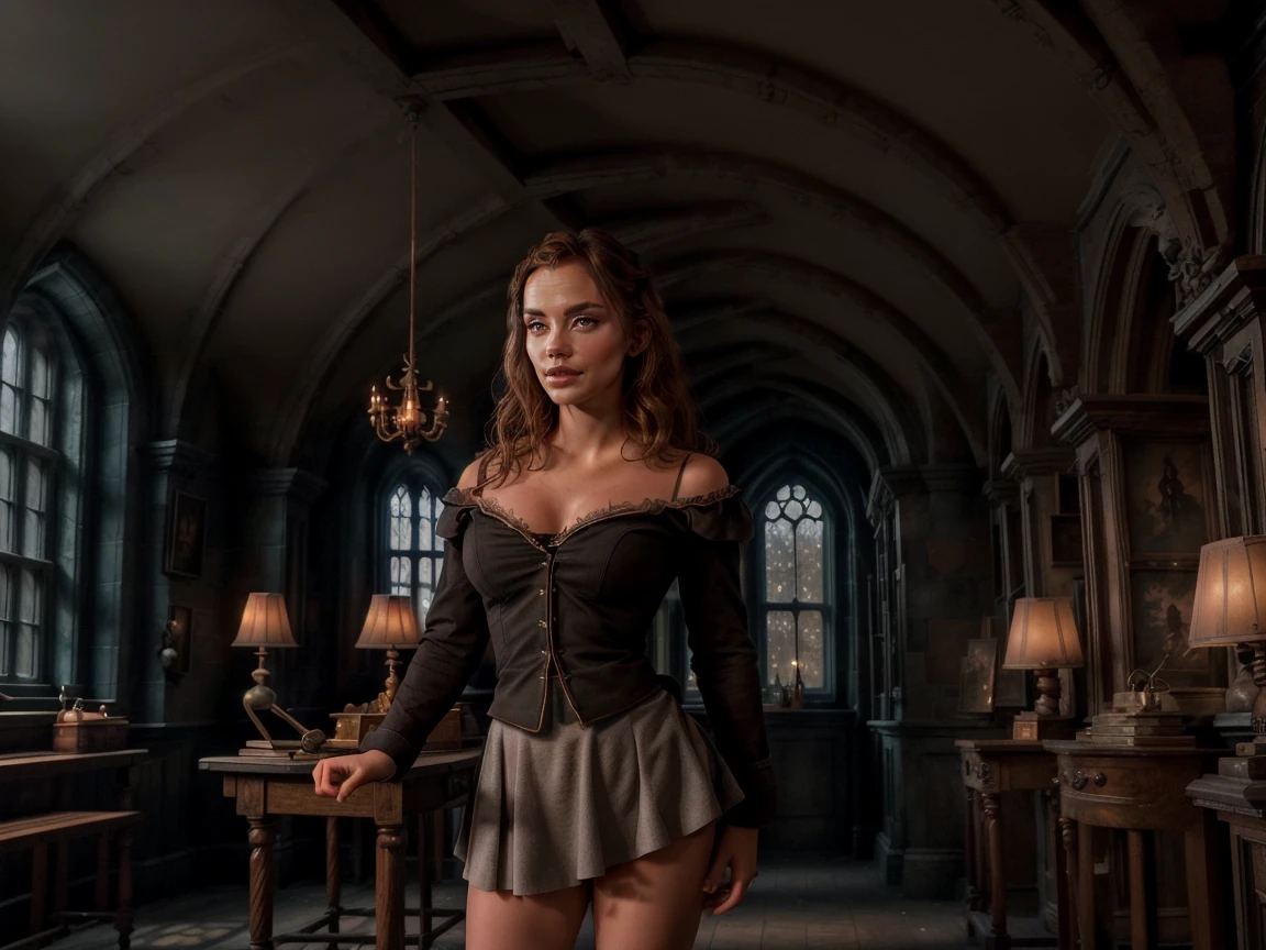 photo of beautiful Emma Watson as hermione granger (Ermione), gorgeous woman, in hogwart  uniform, sluty uniform, huge breasts, fake breasts, breast implants, perky bust, large cleavage, in hogwart slytherin dormitory, full length shot, modelshoot style, (extremely detailed CG unity 8k wallpaper), professional majestic (photography by Steve McCurry), 8k uhd, dslr, soft lighting, high quality, (film_grain:1.2), Fujifilm XT3 High Detail, dramatic, (looking at viewer:1.2), (detailed pupils:1.3), (natural light), (((full body shot:1.3))), perfect body, beautiful face, long hair, very detailed eyes, intricate details in eyes, puckered lips, perfect fit body, wide hips, small waist, thick thighs, firm abs, beautiful body, platform high heels, extremely detailed, intricate details, highly detailed, detailed skin, realistic skin texture, texture, detailed eyes, maximum detail, roughness, real life, ultra realistic, photorealism, photography, absurdres, RAW photo, highest quality, high detail RAW color photo, professional photo, highres, super detailed, 