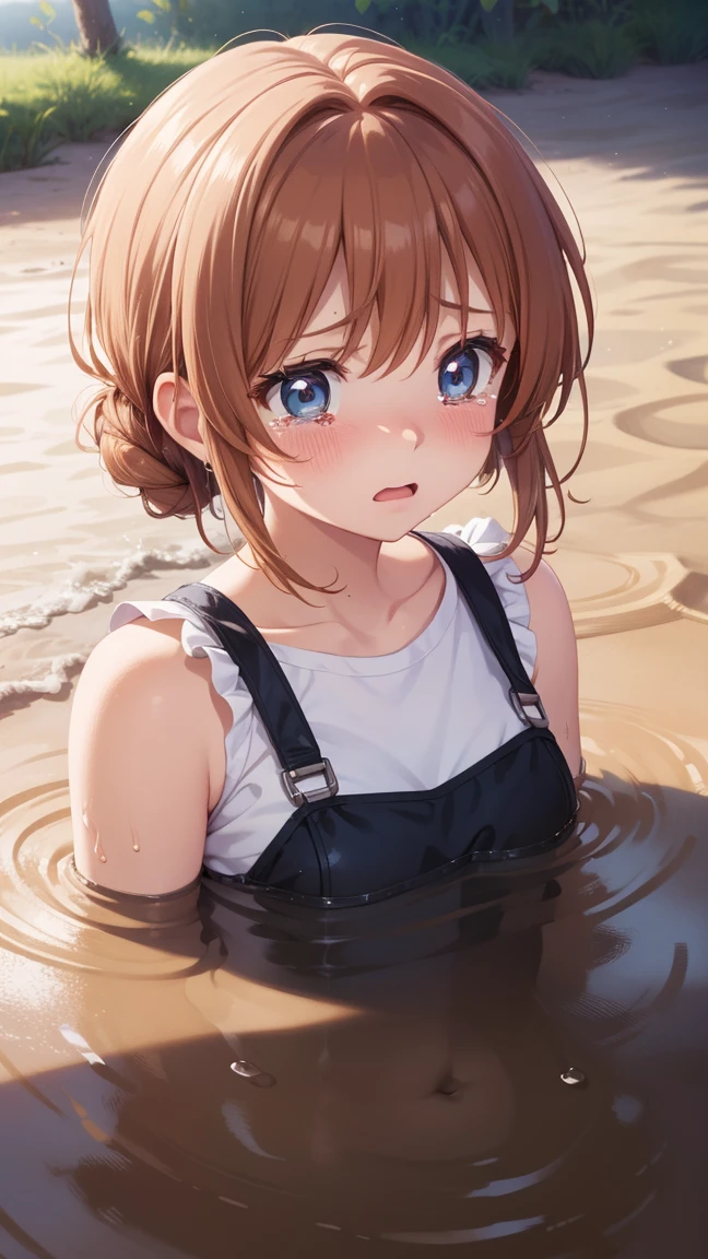 masterpiece, best quality, highres, 5girls, (((multiple girls))), detailed face, blush, anime CG style, good lighting, desert, sand, (quicksand, partially submerged), (upset, tears in her eyes), kinomoto sakura, aichan, 