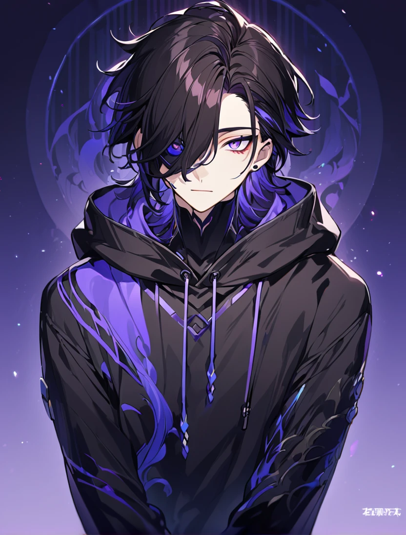 Attractive anime male with dark hair. His eyes are almost covered by his hair. His eyes are two different colors, 1 blue, 1 purple. He has odd eyes and wears a black hoodie and a black mask.,The eyes are detailed with a delicate touch