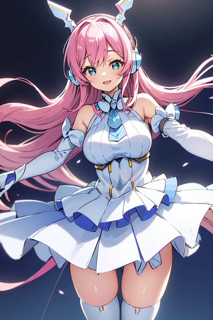 Mecha Wings、White and blue skirt、Accentuated thighs、White tights、chest、Beautiful pink hair、1 girl、solo girl、Thick thighs、is、Frame Arms Girl、Alice Gere Aegis、White Armor、Blue and purple lines、income、headphone、hand on own chest、smile