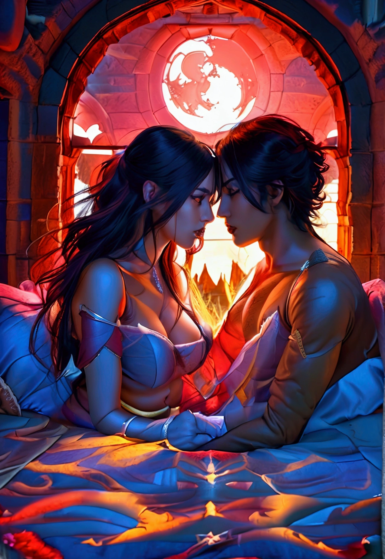 a half-naked alpha werewolf with a beautiful sensual half-naked succubus, having a romance scene inside a bedroom in a ruined castle where a red full moon is displayed in a window, boy ultra-detailed, girl ultra-detailed, 1girl, 1boy, beautiful girl, beautiful boy, best quality, beautiful background, ultra-detailed couple, high quality, love, beautiful eyes, beautiful couple,cp, in bed, foreplay, shy,wpega, couple, bed, embraced, hug, GENDER and GENDER