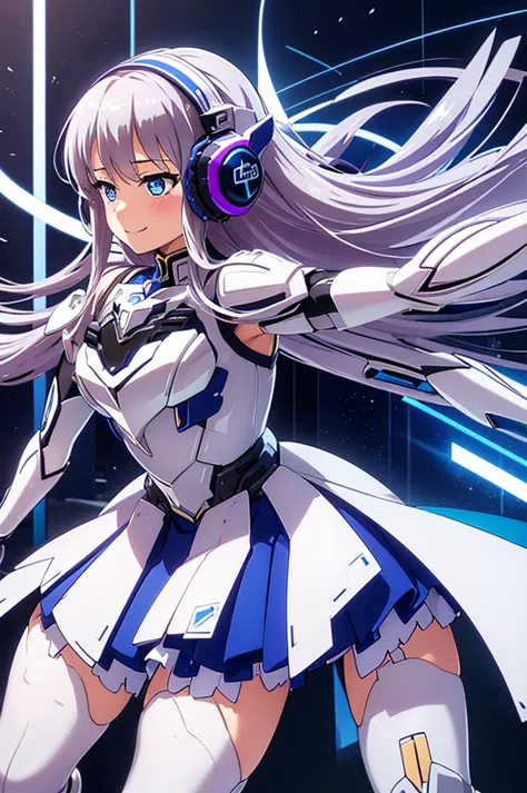 mecha wings、white and blue skirt、accentuated thighs、white tights、chest、beautiful silver hair、1 girl、solo girl、thick thighs、is、fr...