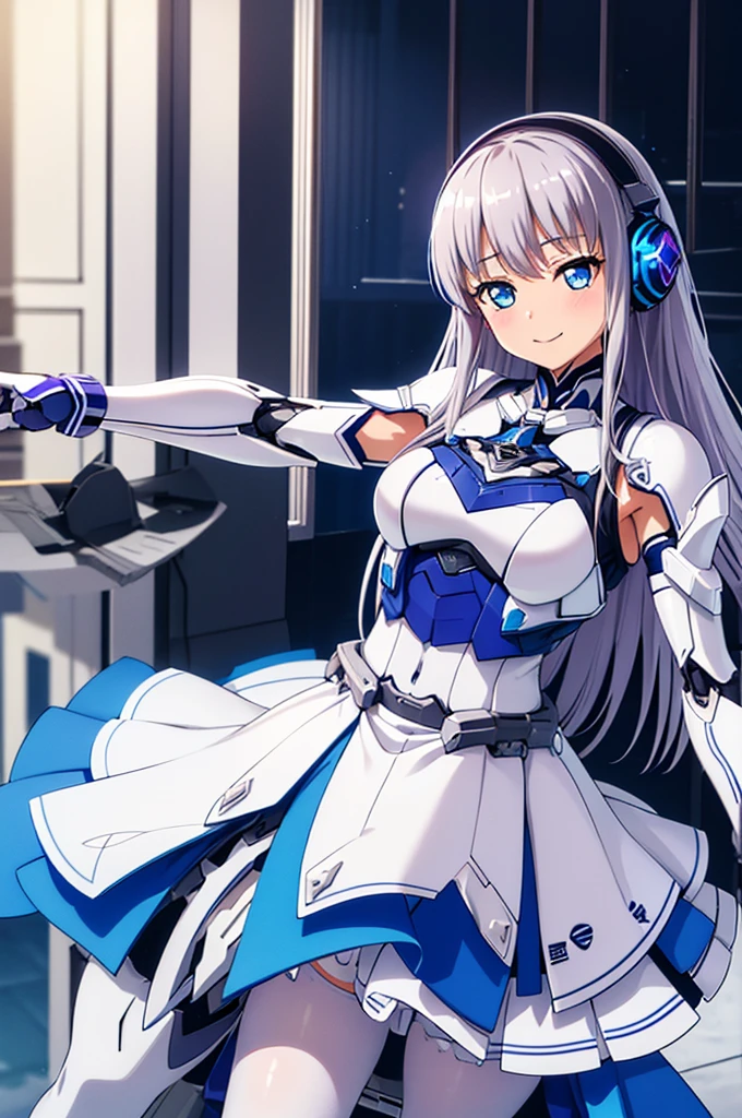 Mecha Wings、White and blue skirt、Accentuated thighs、White tights、chest、Beautiful silver hair、1 girl、solo girl、Thick thighs、is、Frame Arms Girl、Alice Gere Aegis、White Armor、Blue and purple lines、income、headphone、hand on own chest、smile