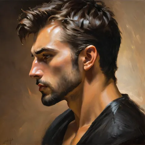 Hot guy, sharp features, profile, 3/4 view, intense lighting, handsome, oil painting, facing viewer, (oil painting)