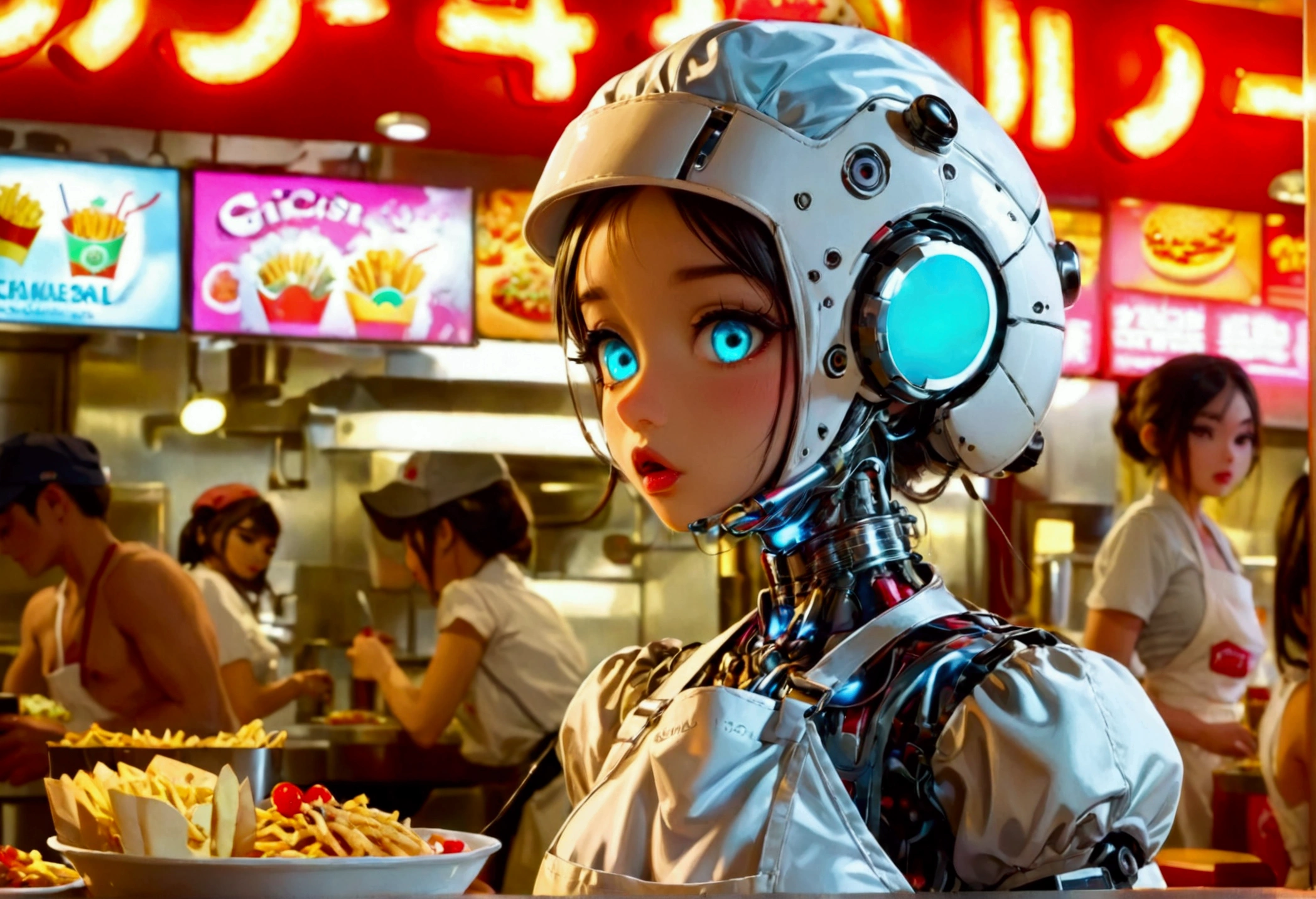 A cute android (giga busty, neon backlit eyes, clearly mechanical joints -  SeaArt AI