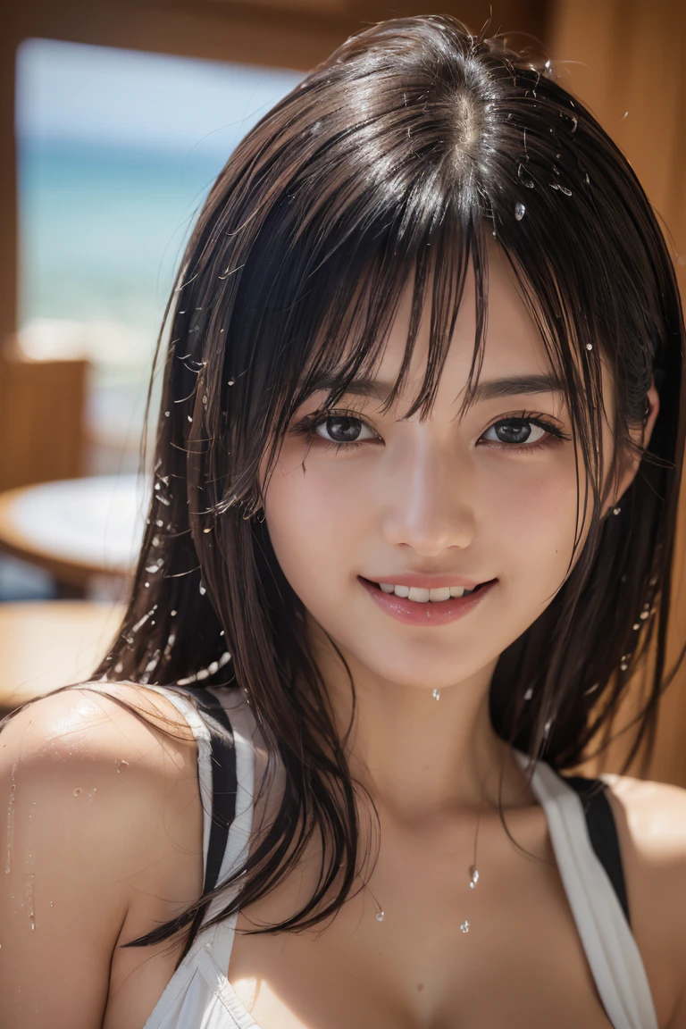 (Tabletop:1.3), (8K, Realistic, RAW Photos, Highest quality: 1.4), Japanese, (One Girl), Beautiful Face, (Realistic face), (Black Hair), Beautiful hairstyle, Realistic eyes, Beautiful attention to detail, (Realistic skin), Beautiful Skin, charm, 超High resolution, 超Realisticな, Very detailed, Golden Ratio,. (3. gill:1.5), (Sony Alpha 1, 50.1 megapixel full-frame CMOS sensor, 8K video recording function), (Telescope Lens), (Realistic),(8K, 超High resolution, Highest quality, Tabletop:1.2),Very detailedな,Beautifully detailed face, Complete Anatomy,(Beautiful attention to detail:1.3),smile,Very delicate and beautiful, Very detailed, Hmph, Unity, 8K Wallpaper, wonderful, In detail, Very detailedな, High resolution, Very detailed, Very detailed目と顔,Wet, ((luxury.1)), [ponytail],(Big Breasts, Cleavage.3),smile、Long Hair、Black Hair、Beauty、smile、Japanese、common people class、moving、summer