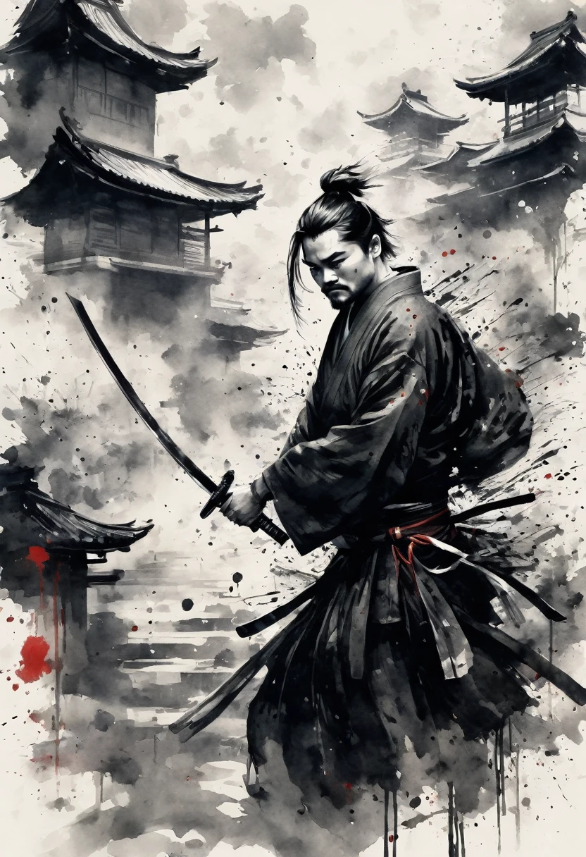 Ink painting,１color,whole body,smile,Leonardo DiCaprio,Medium Hair,Samurai,Black kimono,(haori),(Intense sword fighting scene with outstretched arms),Drawing strokes drawn with rot ring 0,Dynamic movement and powerful brushstrokes、splash,