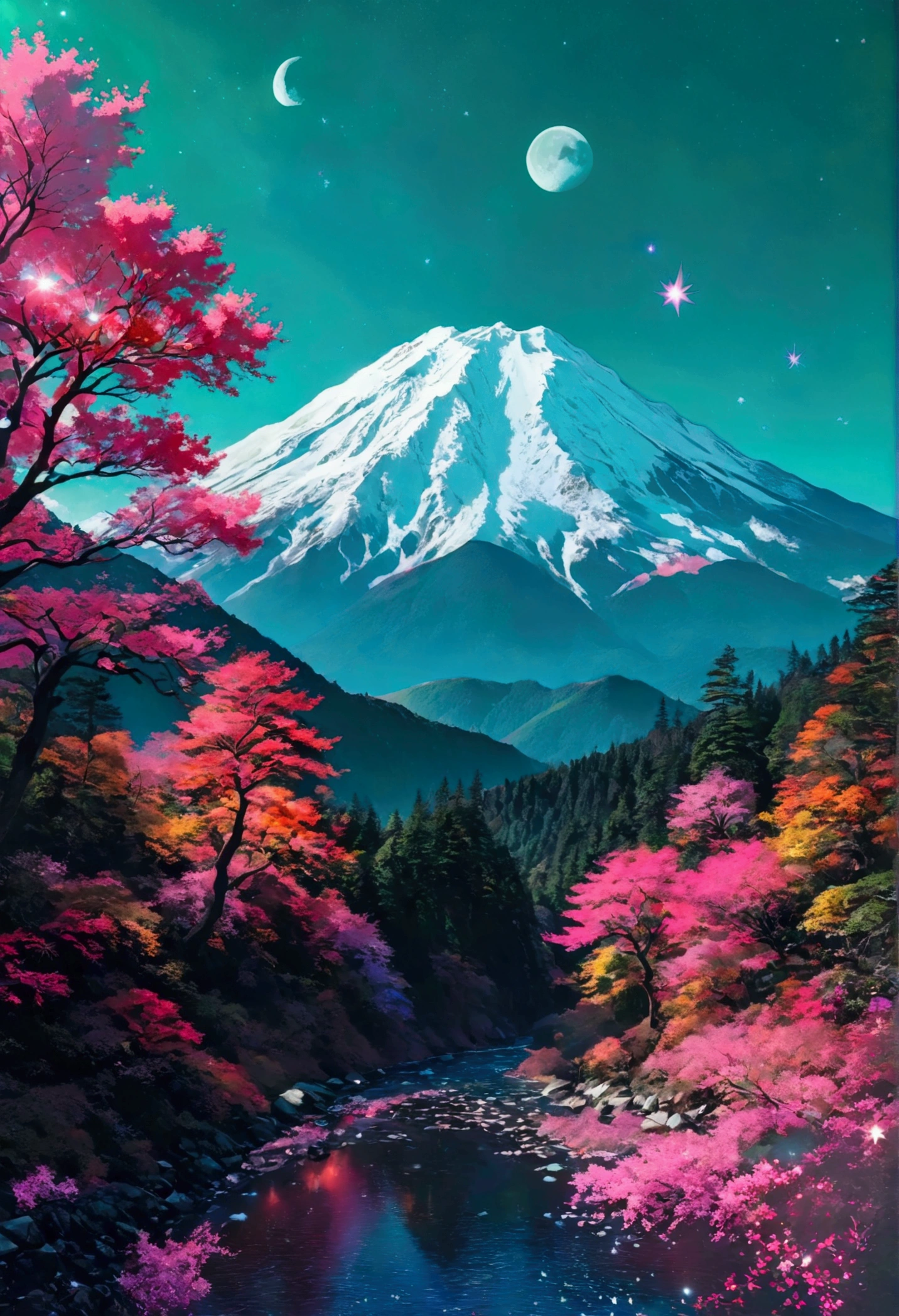 null、moon、star、beautiful、Fuji Mountain、forest