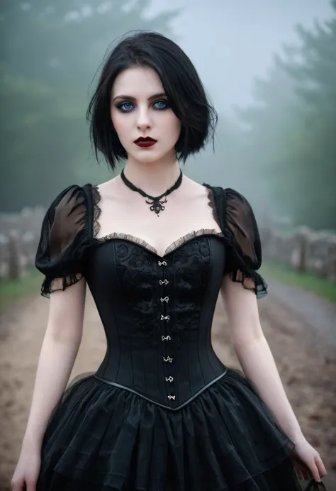 victorian vampire cherrynobodysd15 award-winning raw color photo+ wearing a black dress with leather corset, dark and foggy vill...