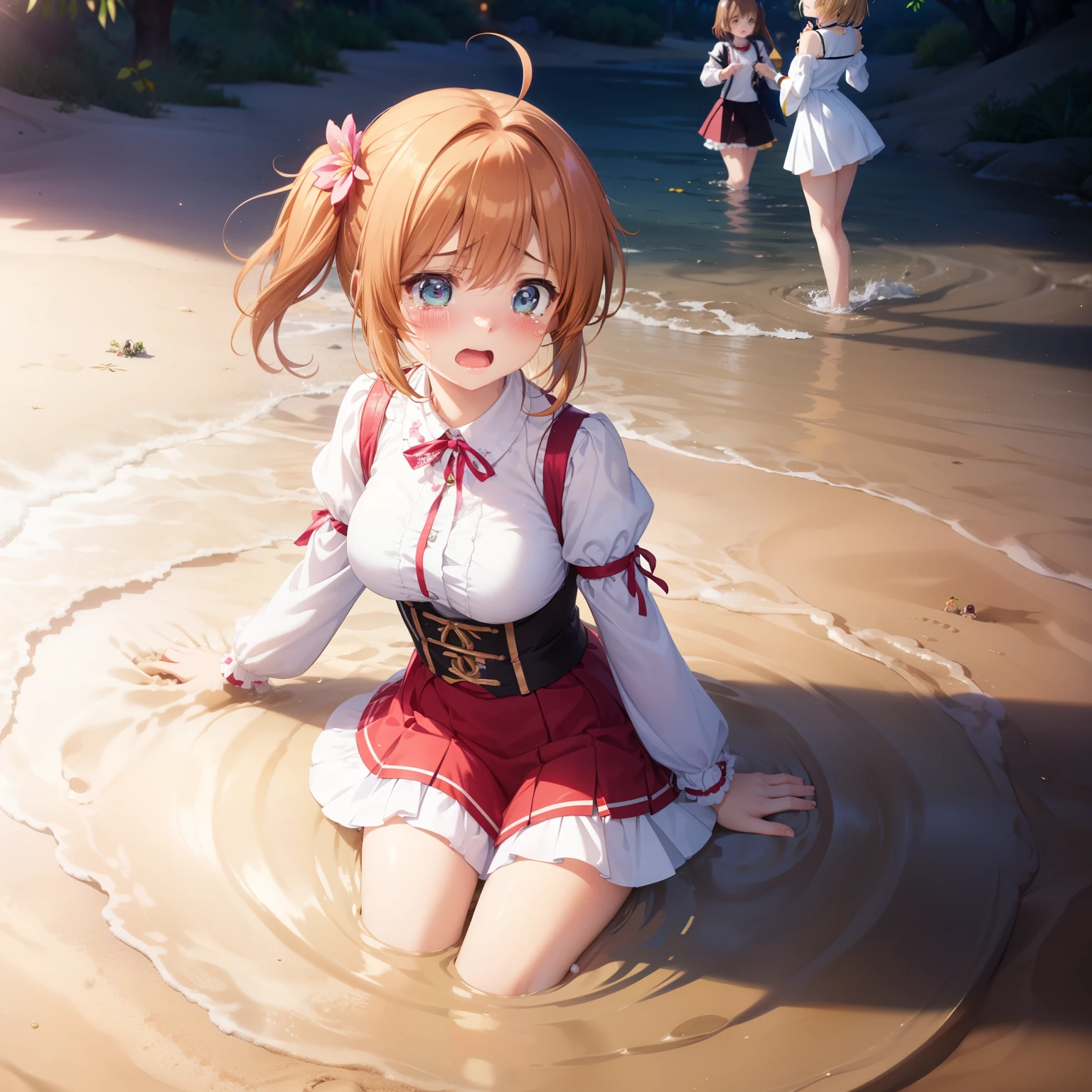 masterpiece, best quality, highres, (5girls), (multiple girls:1.5), blush, anime CG style, good lighting, desert, sand, (quicksand, partially submerged), (upset, tears in her eyes), kinomoto sakura, aichan, breasts