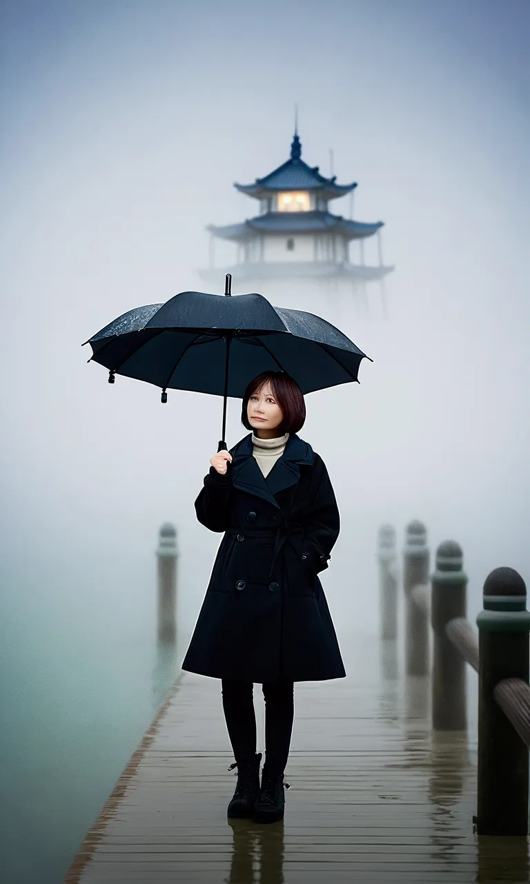 korean woman,short hair, black coat, cool,rain,blur,fog,middle,cool,boring,,pier,only,coast, the dim light shines in the fog,and...