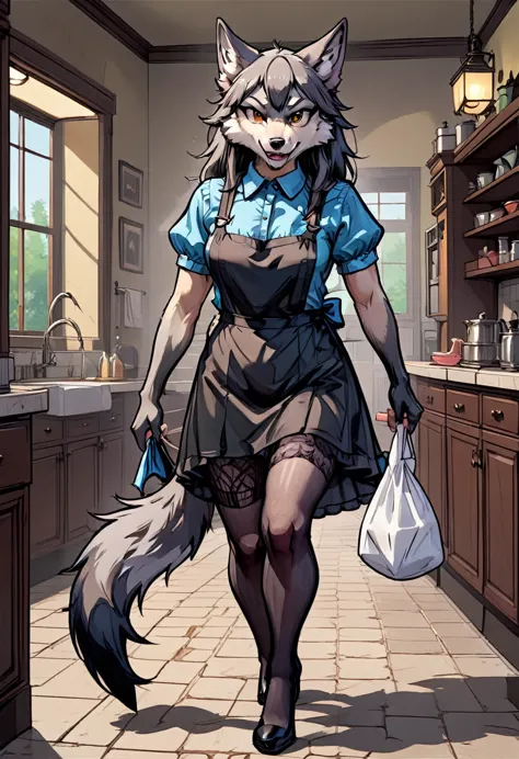 Wolf Man bodystocking  walk works as a maid angry 
