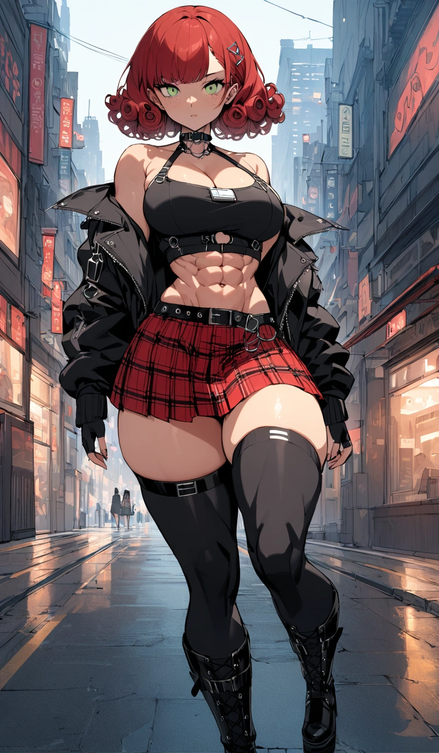 woman, curly red pixie cut hair, green eyes, wearing crop top black shirt, long black jacket, red plaid skirt, (black knee high boots), black fingerless gloves, exposed shoulders, large breasts, thick thighs, freckles, cleavage, abs, looking at viewer, masterpiece, best quality, an14, Holo-Punk Style, in the city