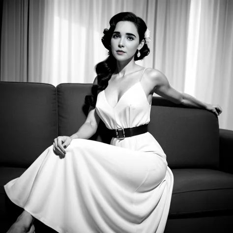 black and white photos. jennifer connelly, leaving room couch, long dress, pin-up, vintage dress, 22 years old, perfect body, 40...