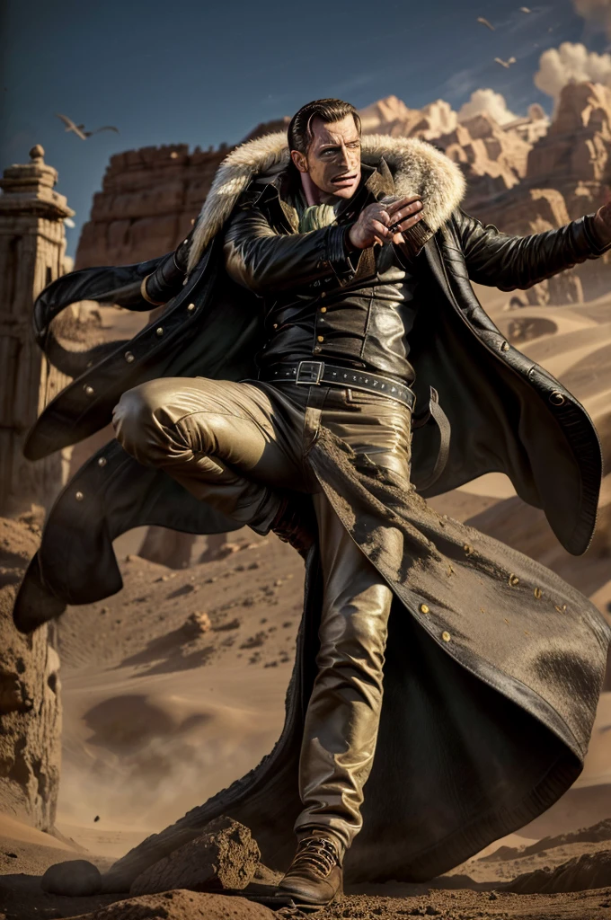 masterpiece, best quality, extremely detailed, hyperrealistic, photorealistic, a cool 40s man, ultra detailed face:1.2, fur-trimmed coat, scarf around the neck, his left hand is a golden pirate hook:1.1, desert, artistic jump, strenuous movements, dynamic angle