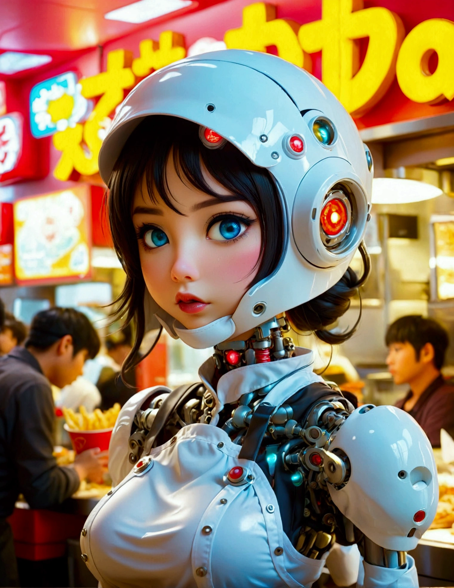 A cute android (giga busty, neon backlit eyes, clearly mechanical joints -  SeaArt AI