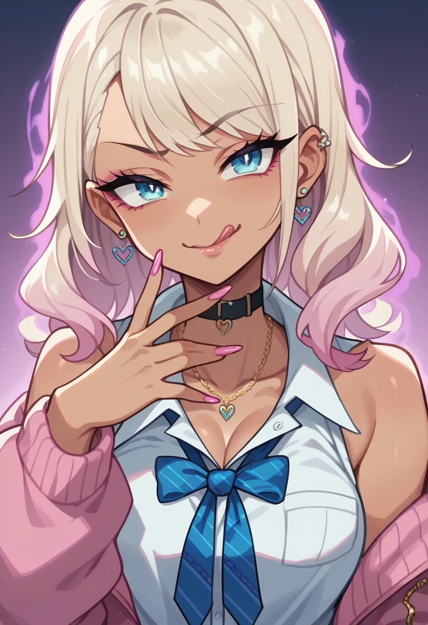 best quality, anime screencap, 1girl, gyaru, platinum-blonde hair, pink highlights, blue eyes, icy eyes, licking lips, finger on lips, smug expression, upper body, dark aura, purple mist,