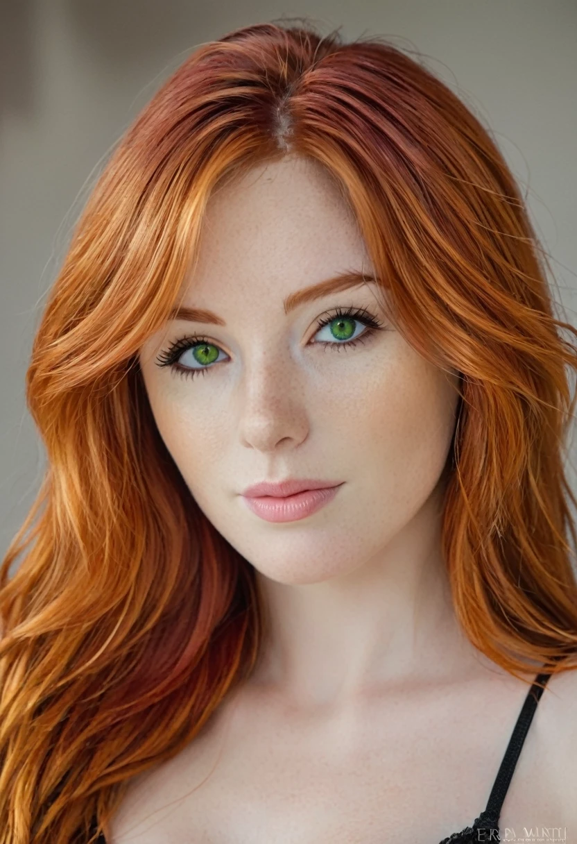 there is a woman with red hair and a black bra top, she has long redorange hair, red hair and attractive features, better known as amouranth, she has red hair, she is redhead, with red hair, erza scarlet as a real person, red haired goddess, with red hair and green eyes, red head, redhead girl