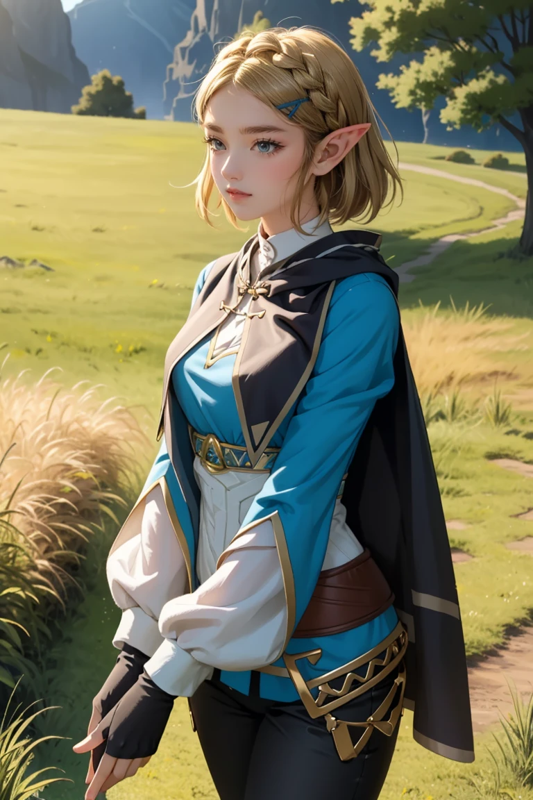 ((Masterpiece, top quality, high resolution)), ((highly detailed CG unified 8K wallpaper)), 1girl, Princess Zelda, short hair, crown braid, hairclip, pointy ears, brown cape, blue shirt, puffy sleeves, long sleeves, fingerless gloves, black gloves, black pants, tight pants, aazelda, long hair, crown braid, hairclip, pointy ears, blue shirt, long sleeves, fingerless gloves, black gloves, black pants, tight pants sweating, outdoors, grass, meadow, cliffs, stony,