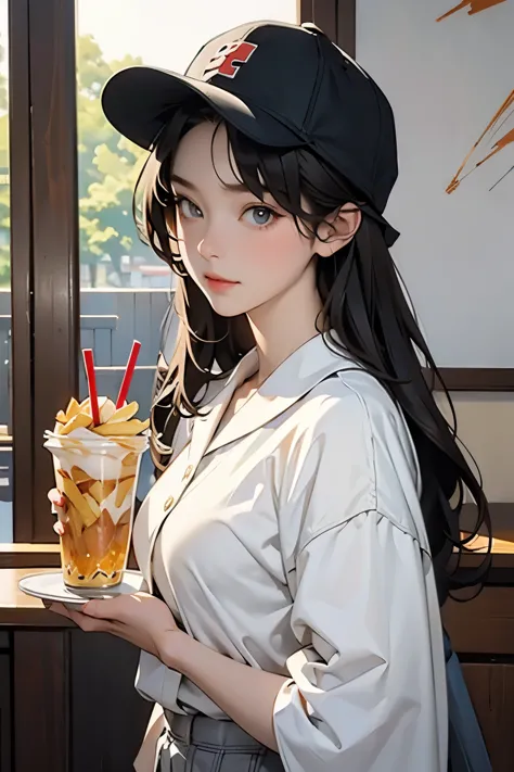 (hamburger店のユニフォームを着た若い女性、wearing a uniform hat、hamburger_french fries_holding a tray with drinks:1.2)、bust up illustration、fron...