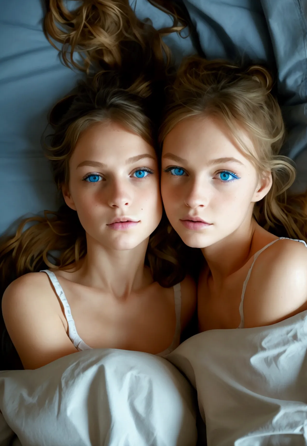 skinny, marked ribs, two young girls lying on a bed naked spread legs , long boots, blue eyes, collar, curly hair, ponytail,