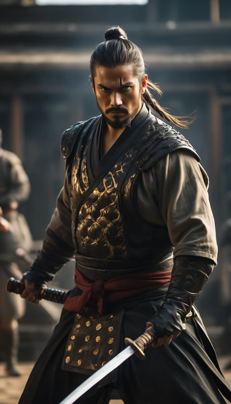 Hattori Hanzo, tall, muscular, traditional ninja attire, black robes, armored gauntlets, katana, intense eyes, stern expression, topknot hairstyle, scar on cheek, battle atmosphere background, hyper realistic, ultra detailed hyper realistic, photorealistic, Studio Lighting, wearing a gold crown, reflections, dynamic pose, Cinematic, Color Grading, Photography, Shot on 50mm lens, Ultra-Wide Angle, Depth of Field, hyper-detailed, beautifully color, 8k