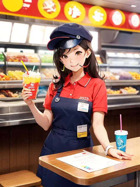 1 girl, uniform, apron, cap, Name tag, Polo shirt, headset, counter, register, Menu Signage, tray, Flyer, Drink dispenser, hambu...