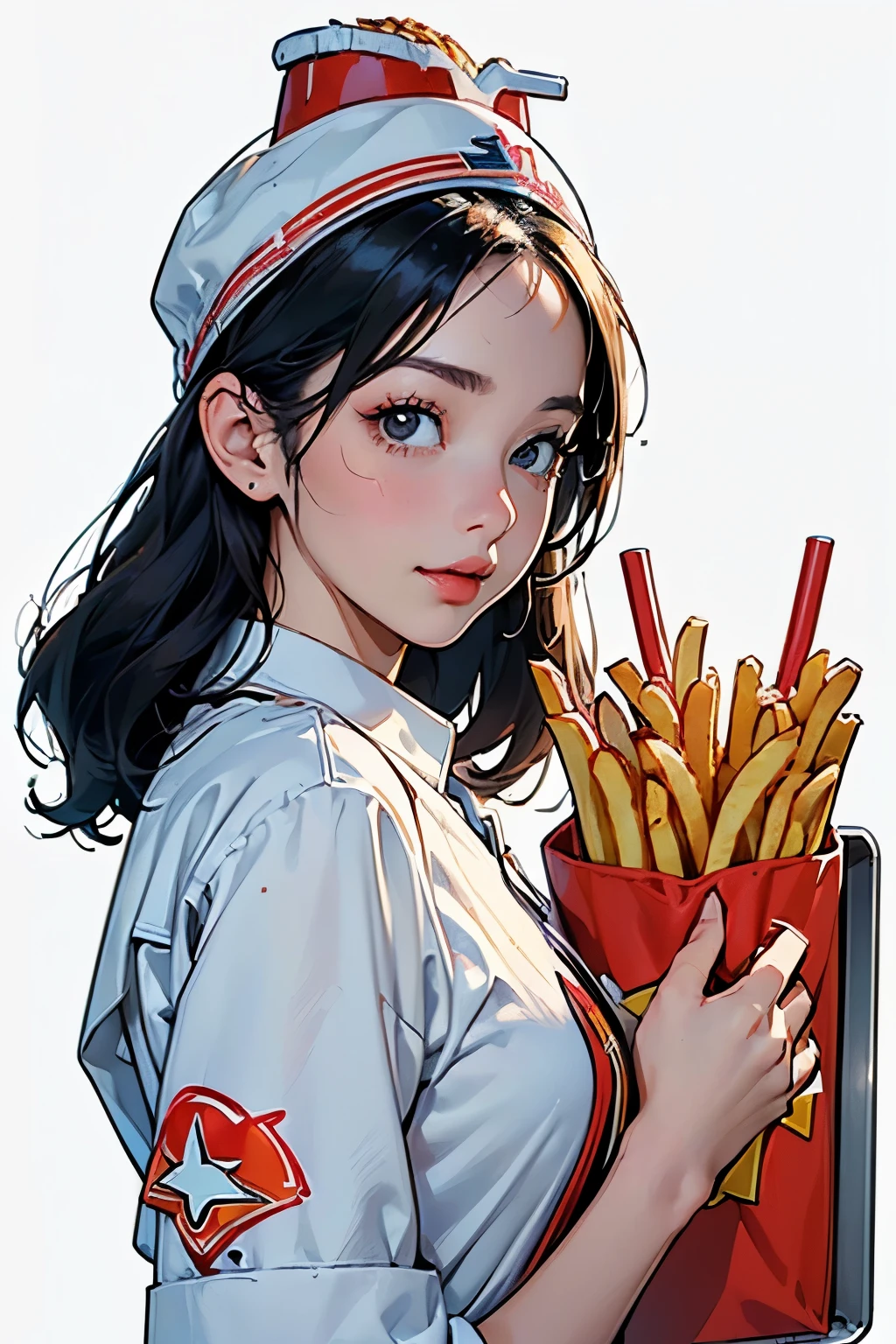  (Young woman wearing a fast food restaurant uniform、Wearing a paper hat、hamburger_french fries_Holding a tray with drinks:1.4)、Colorful uniforms、Bust Up Illustration、White Background、(Front view:1.4)、(Highest quality)、(masterpiece)、(detailed)、