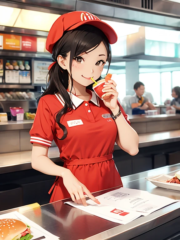 1 girl, uniform, apron, cap, Name tag, Polo shirt, headset, counter, register, Menu Signage, tray, Flyer, Drink dispenser, hamburger, potato, drink, straw, napkin, smile, clean, Vibrancy, Bright lighting, food court, Fast food logo, uniform color, Modern interior, Comfortable seats, Poster, Promotional Sign, Hand sanitizer