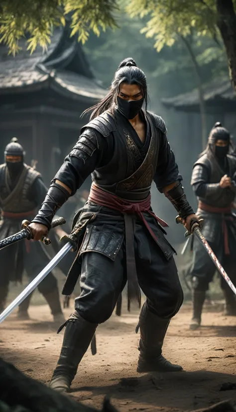 strong, focused, fearless, stealthy, black ninja outfit, samurai sword, traditional armor, mask, piercing eyes, agile,hanzo, lea...