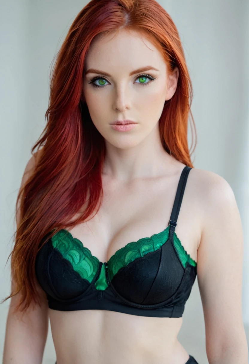 there is a woman with red hair and a black bra top, she has long redorange hair, red hair and attractive features, better known as amouranth, she has red hair, she is redhead, with red hair, erza scarlet as a real person, red haired goddess, with red hair and green eyes, red head, redhead girl